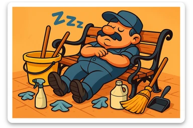 Make the lazy janitor more cartoonish with exaggerated features in a playful style. Show him lying on a bench, cleaning supplies scattered around, hat over eyes, sleeping. sticker