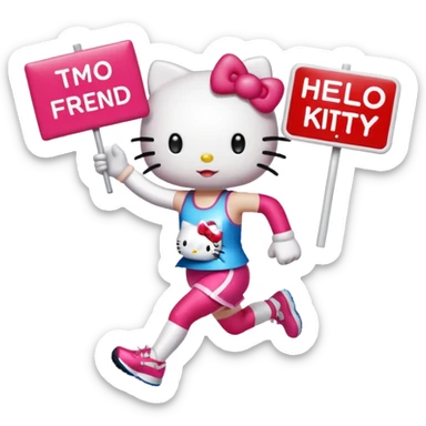 hello kitty cheering on a friend running the marathon, where she is holding a marathon sign. make sure the fae looks exactly like hello kitty - give her eyes and a nose but no mouth sticker