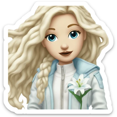 blonde hair white girl with long hair, in a white patched jacket with light blue patches, light blue eyeshadow… holding a white lily ethereal sticker