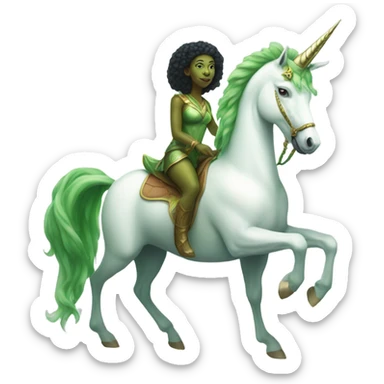 a green amazon alien woman on a four-legged white unicorn sticker