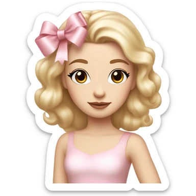 Pale super white women wearing a ballerina dress with soft pink makeup, ballerina shoes, a big ribbon, and cute tiny ribbon blonde hair  sticker