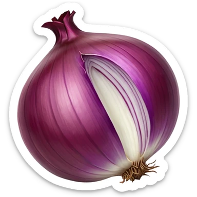 whole red onion, unpeeled, shiny papery purplish-red skin, natural striations, dried stem on top, dry root strands at base, 3D rendered, clean minimal soft shadows, realistic lighting, no anthropomorphic features, emoji scale sticker