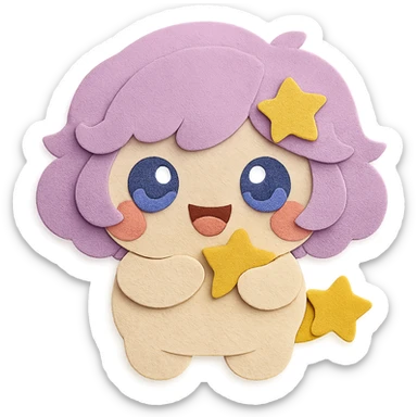 Remove the yellow moon from the hair but keep the yellow star and all other hairstyle features and colors. Add a super cute, soft, and heart-melting open-mouth smile. Keep the full body, paper craft style with clean lines and transparent background. sticker