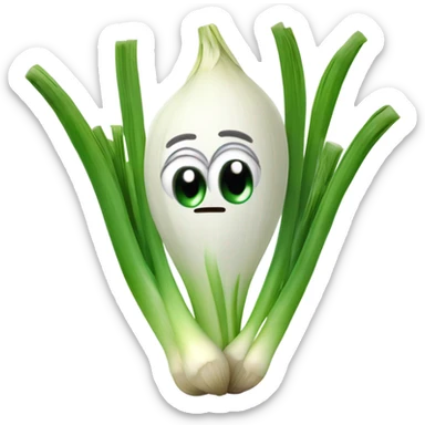 3D Cheerful green onion with big expressive eyes, a wide smile, and a few green stalks on top. Designed in a cute, cartoonish style with vibrant colors. sticker