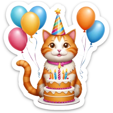 Ginger cat celebrates birthday, birthday hat, birthday cake, balloons, happy, gifts sticker