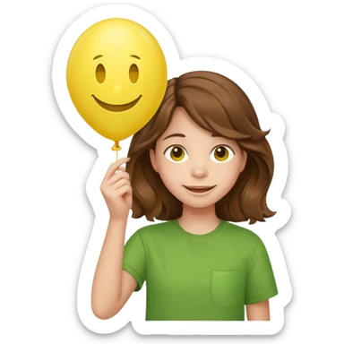Teen girl wavy brown hair, green shirt, with smiley-face balloon sticker