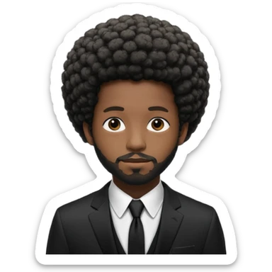 a black man in a black suit with black tie and black shirt, with a a afro like brent faiyaz sticker