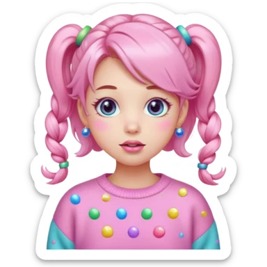 “Emoji girl, pastel pink blush, sparkly wide eyes, glossy bubblegum lips, hair in pigtails with colorful clips, oversized pastel sweater.” sticker