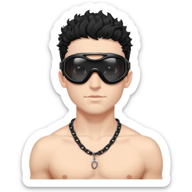 shirtless male athlete with white skin and moderately curly black hair on top with shaved sides, wearing black ski goggles with very dark heavily tinted black lenses that completely hide the eyes, and a simple plain black chain necklace, no earrings sticker