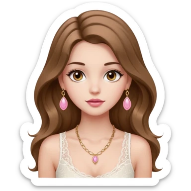 fair-skinned girl with dark brown, slim shaped eyes and long lashes. long, light brown hair styled in a voluminous, wavy blowout. wearing a delicate white lace tank top and a dainty gold necklace, plump pink lips. sticker