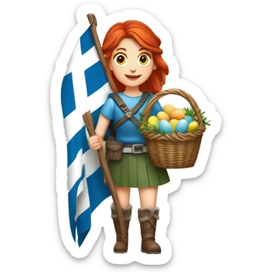 red hair female winter mountaineer offering Easter basket and Greek flag sticker