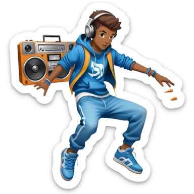 Icon for Street Dance: a dancer in urban streetwear performing a dynamic breakdance move, with a spray-painted background,  boombox  and headphones. The icon should represent the energy, style, and creativity of street dance culture. Transparent background. sticker