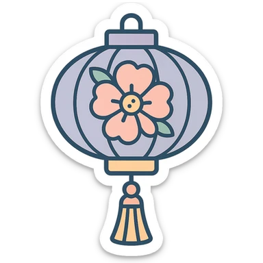 elegant Chinese lantern with floral decor, detailed shadow, thin clean outlines, soft rounded shapes, pastel palette #98B5BC, #B5B3C1, #C9A3C9, #E4C0CA, #F7DCD1, #F7C0AA, modern Japanese pop-art and sticker aesthetic, high detail, vector clarity, soft lighting, transparent background sticker