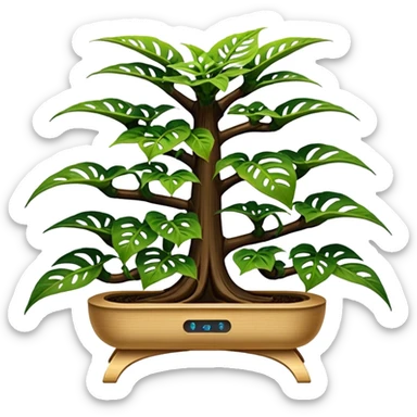 Very Large decorative alien-futuristic multi-tier space-efficient plant rack, which holds bonsai pepper plants, constructed from plywood sticker