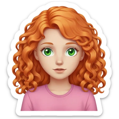 white pale girl with long curly orange hair, green eyes, pink shirt sticker