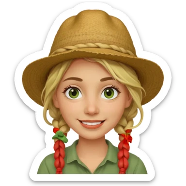 messy green clay mask and red tourist hat blond braided woman big eyes smiling and clay mask sticker