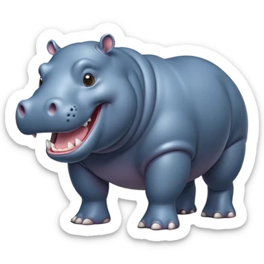 cinematic-hippo-realistic-full-body-side-view-standing-on-all-fours-emoji,-massive-round-frame,-wide-mouthed-grin-exposing-huge-teeth,-head-tilted-dramatically,-thick-greyish blue-hide-glossy, big cute eyes sticker