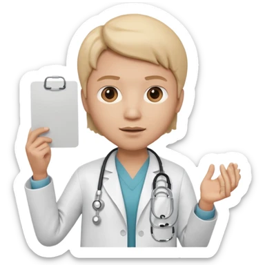 3D memoji doctor holding a small blank white sign in one hand (no text on sign), serious warning facial expression, medical coat, stethoscope, centered composition, PNG, transparent background sticker