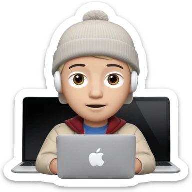 Apple Memoji–style 3D avatar, front-facing, centered.
Young male wearing a dark beanie and white AirPods, behind a silver laptop.
Big expressive eyes, smooth cartoon skin, soft lighting, white background, high quality. sticker