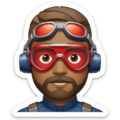 sam wilson with  short, neatly cropped and a well-groomed beard that connects to his mustache,  wear sleek, red-tinted tactical goggles fit snugly from captain america: civil war sticker