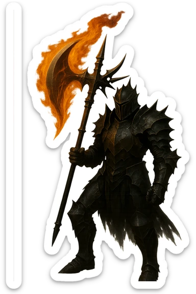 Enhance the scary knight holding the flaming halbert to look even more realistic with enhanced details, lighting, and textures. Keep the background transparent. sticker