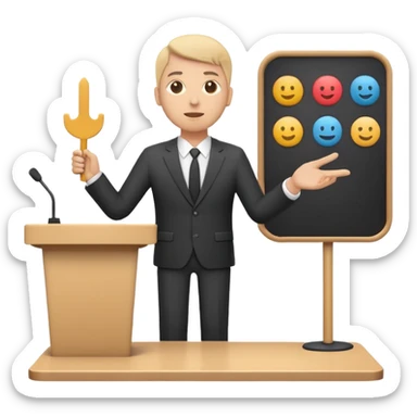 A minimal flat emoji-style icon of a person giving a presentation, standing behind a simple podium, front-facing, clean vector style, rounded shapes, no facial details, solid single color, white background, modern startup pitch deck icon sticker