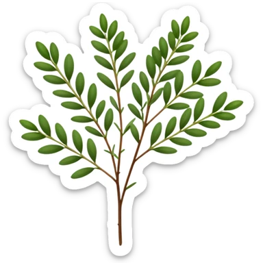 small sprig of fresh thyme, slender woody stems, clusters of tiny deep green oval leaves, dense and paired, crisp and delicate texture, aromatic freshness, soft lighting, subtle shadows, emoji scale sticker