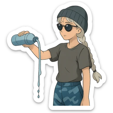 1 female, long white braid, knit cap, dark sunglasses, GRAY T-SHIRT, blue camo pants, POURING OUT A WATER BOTTLE sticker