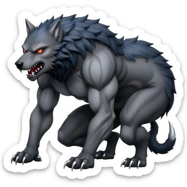 cinematic-noble-fierce-werewolf-full body on all fours-emoji, poised-and-imposing, with a tall, lean, and muscular wolfish frame inspired by the brutal, imposing shape of the beast from Berserk, fur rippling in shades of midnight black and silver, massive paws with razor-sharp claws, elongated limbs and fangs, eyes glowing with an intense, primal ferocity, reflecting the untamed power of the wild moonlit night; rendered with realism like a wolf hunched over battle ready pose ready to attack sticker