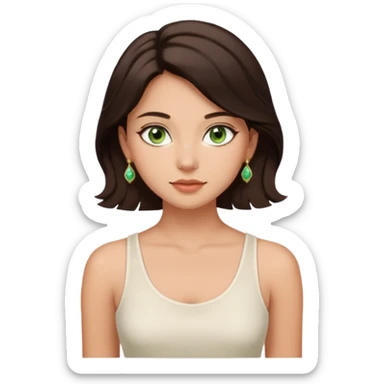 Cor da pele, moreninha, pele em tom claro, olhos verdes, rosto arredondado mas não tanto, cabelo liso ondulado levemente castanho escuro, sem franja com um vestido branco de regata bonito, clavículas marcardinhas, elegante fofa, brinco delicado e maquiagem leve, fundo de tons pastéis  sticker