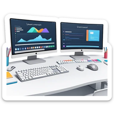 Create an emoji for UX/UI design. Show two large curved monitors displaying UX/UI design interfaces. Include a mouse, keyboard, and stylus next to the screens. Use modern, professional colors. Do not include any emojis or smiley faces. Make the background transparent. sticker