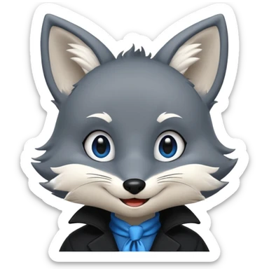 Grey anthropomorphic furry fox with a black coat, blue eyes, and a small fringe of black hair, smiling sticker