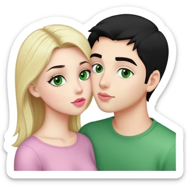 A blonde girl with fair skin and green eyes and light pink lips and a guy with black hair and fair skin and green eyes are kissing sticker