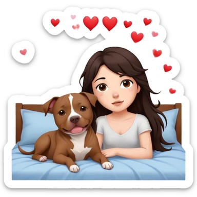 A pretty girl with long dark hair layered  in messy pieces cascading down her face sits on the bed with her brown pit bull  laying beside of her heart is flying all around sticker
