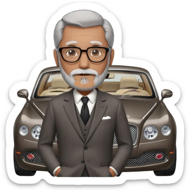 Professor Bentley Dyed black gray hair  frencb beard graying indian guy in suit with a bentley car. Older look around 60 yrs  with glasses slight balding sticker