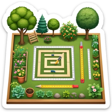 Icon for Landscape Design: a garden layout with plants, trees, paths, and design tools like a ruler, pencil and measuring tape. The icon should represent creativity in outdoor space planning and gardening. Transparent background. sticker