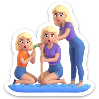 blond woman sitting on her knees with wide eyes, another man in jeans is staying (not sitting) on her left, she's holding a wide skin-colored stick with a D-shaped knob, the stick and the nob have skin texture, water squirting from the knob into her mouth, shocked face sticker
