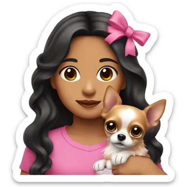 Hispanic girl with long black wavy hair wearing a pink shirt holding a chihuahua wearing a pink bow sticker