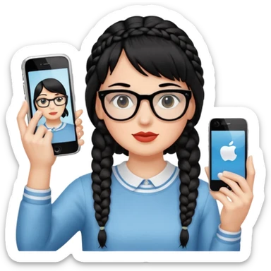 Black hair braided to one side, bangs, horn-rimmed glasses, and taking mirror selfies with iPhone white. Holding a phone to show the iPhone logo sticker