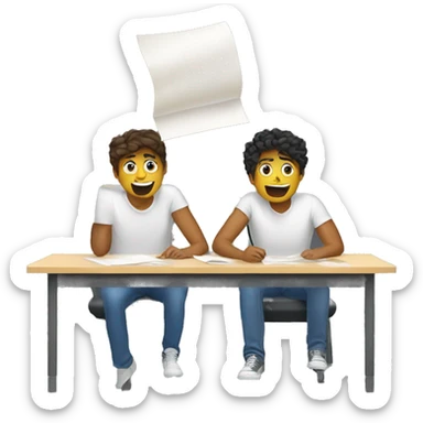 2 European students sitting at desks. They are throwing paper sticker