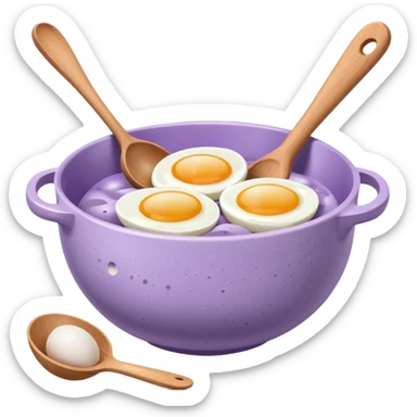 a lilac ceramic mixing bowl with a wooden spoon stirring and sitting next to it is a few eggs sticker