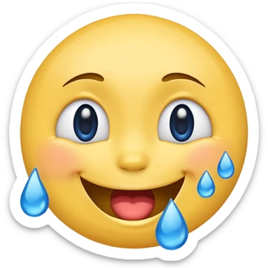 Emoji, yellow round laughing face, blue tears of joy on it. 2 big blue tears on each of the 2 cheeks sticker