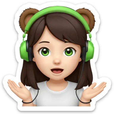 Animated emoji, Chibi girl, long dark brown hair, green eyes, wearing a white shirt and small brown bear ears on a black headset, with wide happy surprised eyes and mouth and clapping excitedly sticker