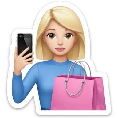 Blond influencer taking selfie with an iphone with one hand and a pink shopping bag next to her  sticker