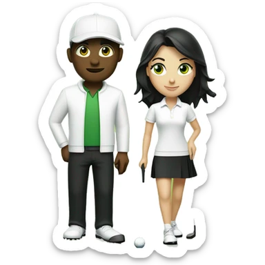Blond men green eye wearing white golf outfit and black hair brown eye woman wearing black golf outfit playing golf. sticker