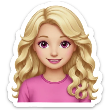 blonde girl, long wavy hair, pink clothes, trendy heavy makeup, smiling sticker