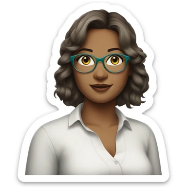 young curvy woman with shoulder length brown hair, sideswept bangs, grey-green eyes, singer, blue glasses sticker