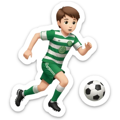 Celtic footballer jersey logo  6 years old brown hair white boy , stripes uniform , RUNNING  with soccer ball # 17 celtic football logo PUT ONLY ONE LOGO sticker