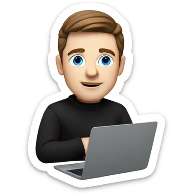     memoji of a man with a laptop in front, apple-style,modern,brown hair,black sweater,computer in hand,white skin, blue eyes an avatar image gonna be round  sticker