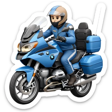 blue BMW RT1200 touring motorcycle with rider on open road sticker